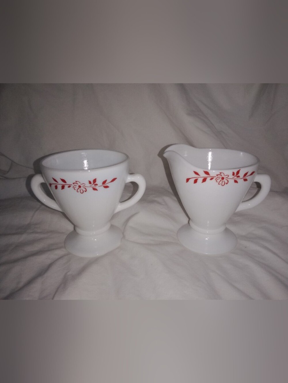 Vintage Hazel Atlas Red Flowers Creamer Sugar Dish Glass Mid Century MCM